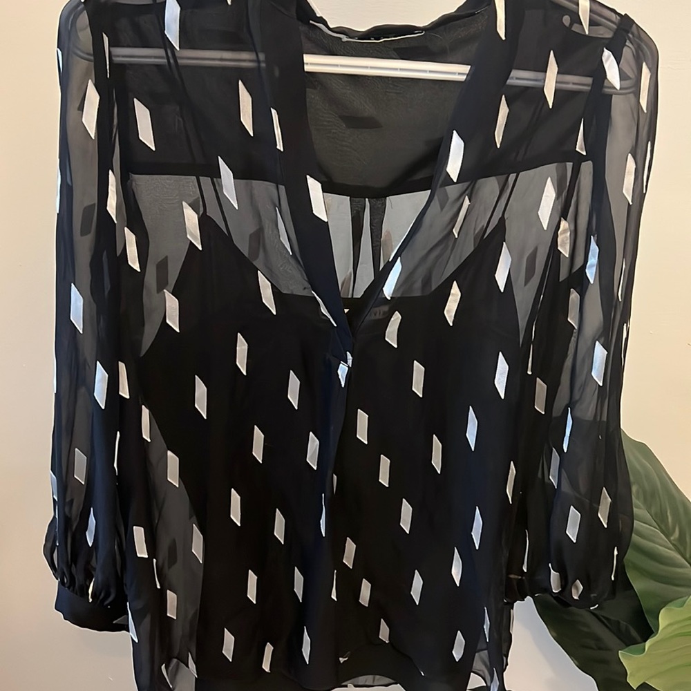 Alice + Olivia sheer black and silver silk blouse